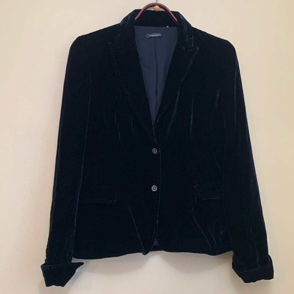 Tahari | Black Velvet Silk Blend Collared Pocket Lined Smoking Jacket Blazer M